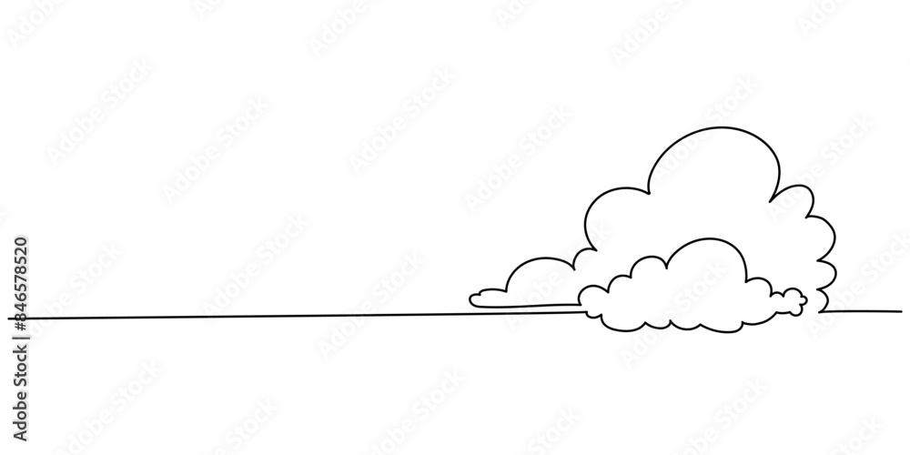 Wall mural one solid line drawing of clouds in the sky on a white background. weather symbol and storage concep