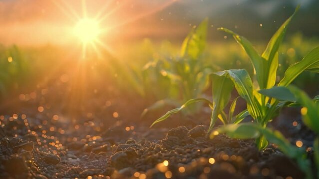 A close-up of green corn plants growing in the field, with the sun shining behind them and light shimmering on the ground.