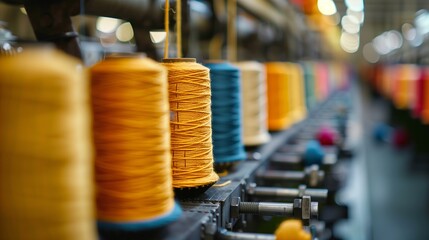Naklejka premium Thread Spools on Textile Machine in Factory for Sewing, Weaving, Tailoring, Crafting, and Fabric Production in Colorful Industry