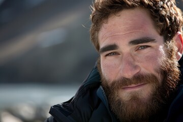 Fototapeta premium Smiling bearded man enjoying mountain landscape