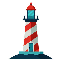 There is a red, white, and blue lighthouse standing on a white background