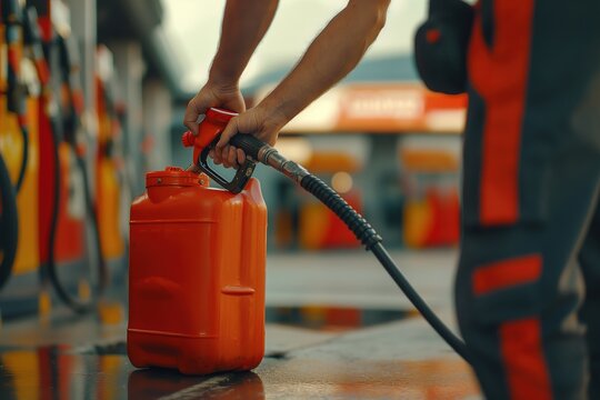 A man is filling a red gasoline can at a gas station. - Powered by Adobe