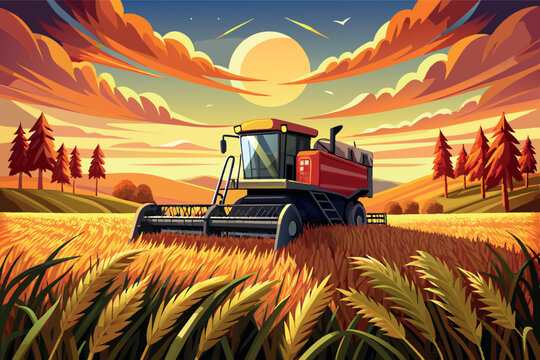 A rural scene with a combine harvester working in a golden wheat field. In the background you can see mountains and forest under a sky transitioning from sunset to night when the stars appear.