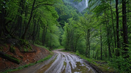 Fototapeta premium Rainsoaked gravel roads through dense forests offering glimpses of majestic waterfalls and hidden creeks. . AI generation.