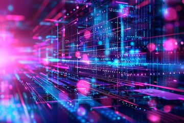 Obraz premium Digital data streams and grids illuminated in neon lights, illustrating the concept of information flow and futuristic technology