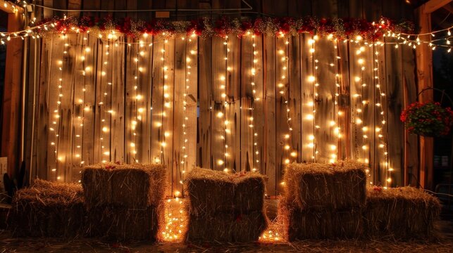 A rustic barn backdrop decorated with flickering string lights and hay bales.