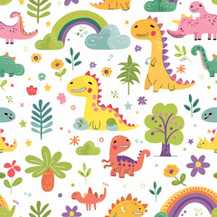 3d rendered photos of kawaii design featuring dinosaurs, clouds, flowers, trees, rainbows and dinosaur patterns. Crayon doodle drawing Artwork made with generative AI