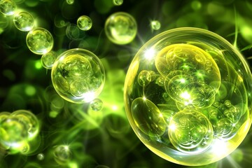 Abstract glowing green bubbles background with bokeh lights