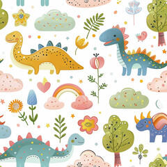 3d rendered photos of kawaii design featuring dinosaurs, clouds, flowers, trees, rainbows and dinosaur patterns. Crayon doodle drawing Artwork made with generative AI