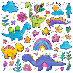 Naklejka premium 3d rendered photos of kawaii design featuring dinosaurs, clouds, flowers, trees, rainbows and dinosaur patterns. Crayon doodle drawing Artwork made with generative AI
