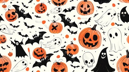 Halloween seamless pattern with pumpkins, bats, ghosts, and stars on a white background, creating a festive, playful design.