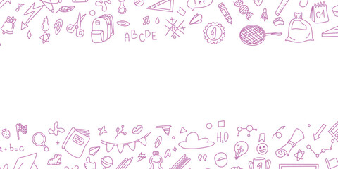 Fototapeta premium Back to school text frame in doodle style. Hand drawn set of book doodle elements, education symbols. Framework for social networks. Invitation to meetings. Stationery doodles