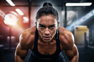 Fototapeta premium A woman in a black shirt doing push ups, AI