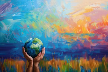 Vibrant artistic painting of hands holding the earth