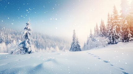 Naklejka premium Snowy landscape with evergreen trees, clear blue sky, and gentle sunlight. Winter wonderland concept.