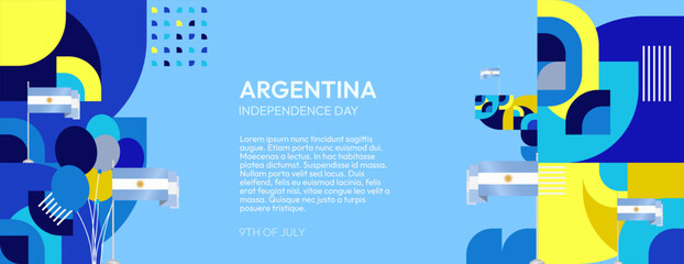 Argentina Independence Day banner in modern geometric style. Wide banner with typography and also country flag. Background for National holiday celebration party. Happy Independence Day of Argentina