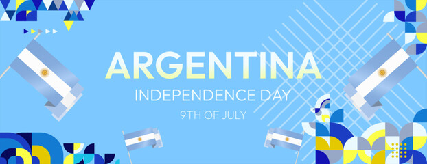 Argentina Independence Day banner in modern geometric style. Wide banner with typography and also country flag. Background for National holiday celebration party. Happy Independence Day of Argentina