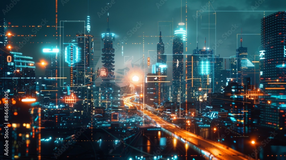 Aufkleber a futuristic cityscape with holographic communication interfaces, depicting a world of borderless co