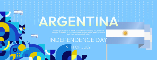 Argentina Independence Day banner in modern geometric style. Wide banner with typography and also country flag. Background for National holiday celebration party. Happy Independence Day of Argentina