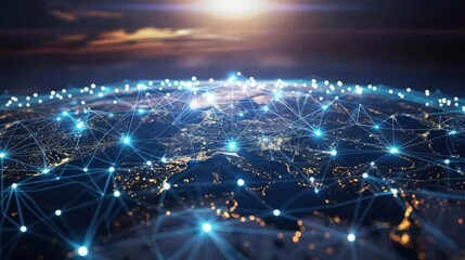 A global network diagram with nodes representing interconnected communication hubs, enabling borderless data exchange.