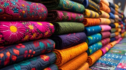 A stack of colorful quilts with floral designs