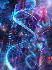 Fototapeta premium Futuristic Digital DNA Helix Visualization in Abstract Energy Filled Landscape