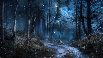 Fototapeta premium Woodland Path through Spring Forest on a Starry Night with Aurora Borealis
