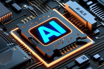 Fototapeta premium AI microchip on a circuit board, symbolizing the integration of artificial intelligence in advanced computing and modern technology