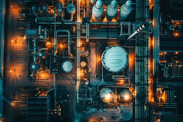 An aerial view of a modern industrial complex at night, showcasing the complex network of pipelines, tanks, and machinery illuminated by artificial lights. Generative AI