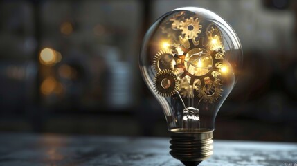 A light bulb with gears and cogs inside, representing innovation, invention, and the concept of "bright ideas."