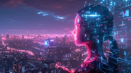 Obraz premium Sentient Assistant with Glowing Holographic Interface in Futuristic Cityscape