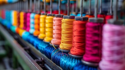 Colorful Threads on Industrial Embroidery Machine – Close-Up of Vibrant Spools of Sewing Thread in Textile Factory, Yarn for Garment Production and Fashion Manufacturing