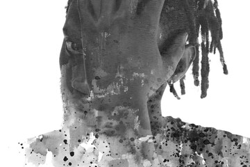 An abstract black and white paint stains paintography portrait of a man