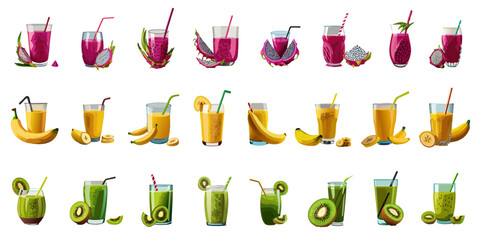 Glass of dragon fruit, banana, kiwi juice package, Summer drink, cafe, bar, restaurant menu, Juice Vector Illustration Pack