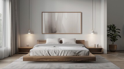 A minimalist bedroom with a platform bed, floating nightstands, and minimalist artwork for a modern look.
