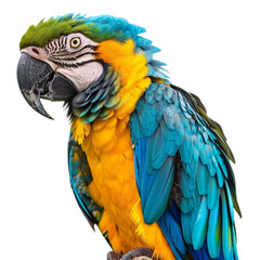 blue and yellow macaw isolated on a transparent background,