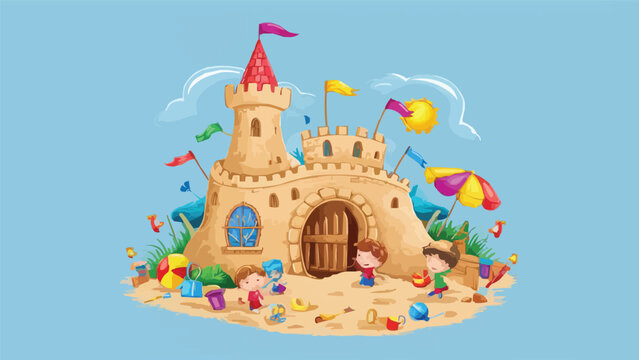 sandcastle with kids playing on the beach clip art preview