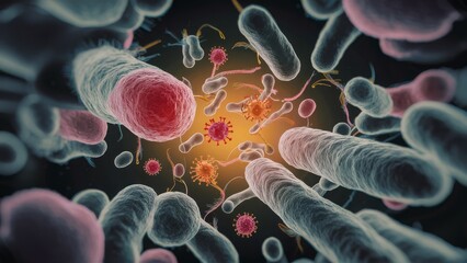 close-up macro shot of tiny bacteria and virus cells