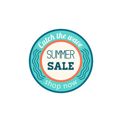 Summer sale badge. Catch the wave and shop now, special offer label flat vector illustration