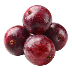 Obraz premium A close-up image of four fresh, ripe purple plums isolated on a white background. Perfect for food and fruit-related projects.