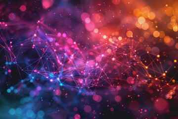 Abstract futuristic wave with colorful lines connecting dots. digital data communication background.