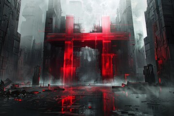 Naklejka premium Futuristic red digital cityscape with glowing lights, representing advanced technology and urban innovation in a sci fi inspired setting