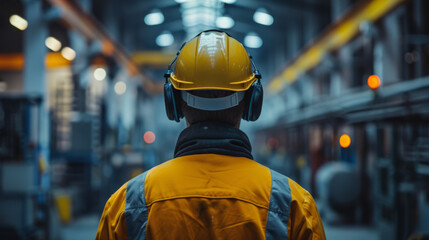 Rear view of an industrial worker wearing a hard hat and ear protection, standing in a large factory setting.