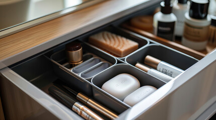 A neatly organized vanity drawer containing makeup, brushes, soaps, and skincare products for efficient beauty routines.