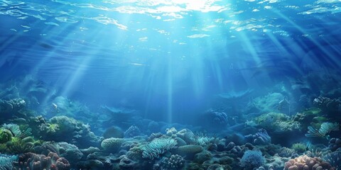 Explore the harmonious beauty of an underwater world teeming with vibrant marine life in azure waters.