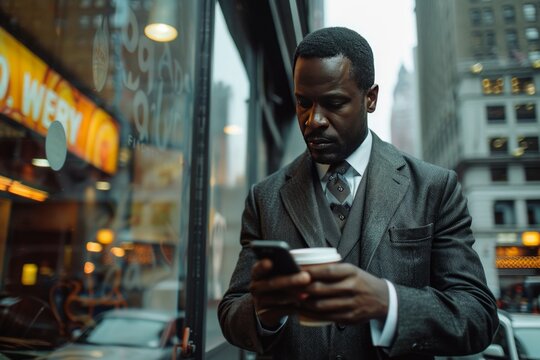 dapper man in a suit taking a break in an urban setting, using his phone while sipping coffee.