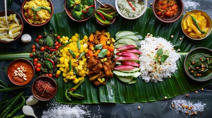 Fototapeta premium A colorful array of vegetarian dishes arranged on a banana leaf in all its natural beauty.