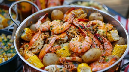 A seafood boil served in a large pot, featuring crab, shrimp, corn, and potatoes seasoned with Cajun spices.