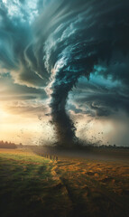 Fototapeta na wymiar Massive tornado churning across the open countryside under dark, ominous storm clouds, illustrating the immense power and dramatic impact of extreme weather events on rural landscapes