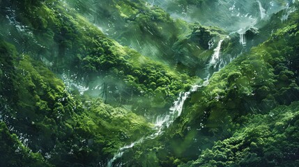 A lush, green forest with a cascading waterfall, creating a serene and tranquil atmosphere.